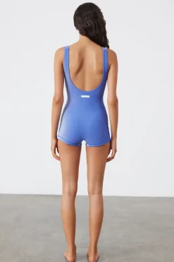 Zulu & Zephyr Stripe Rib Bralette Bodysuit - Dolphin Blue Outlet